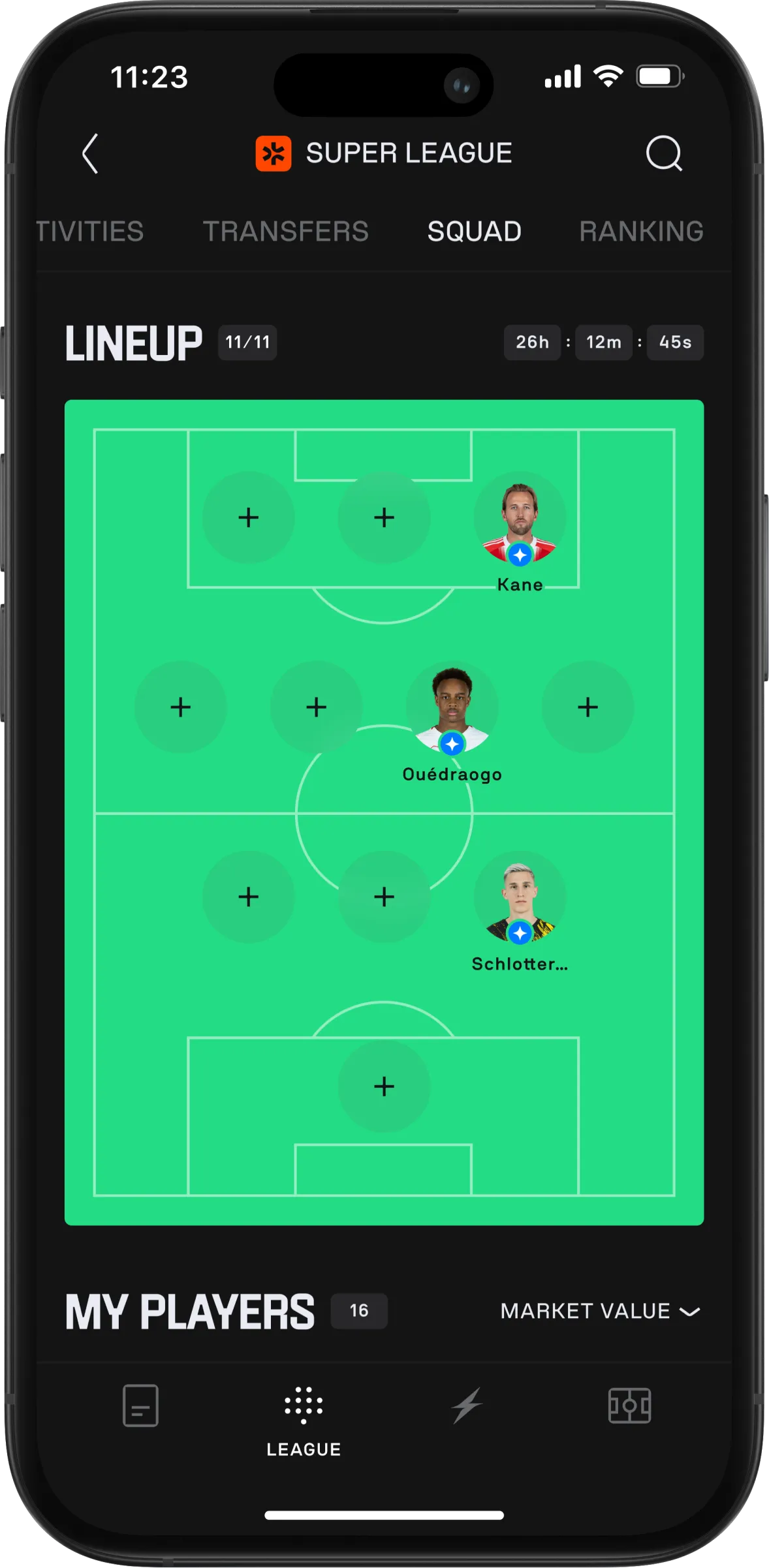 Inapp Screen showing how a Line-up is set up.