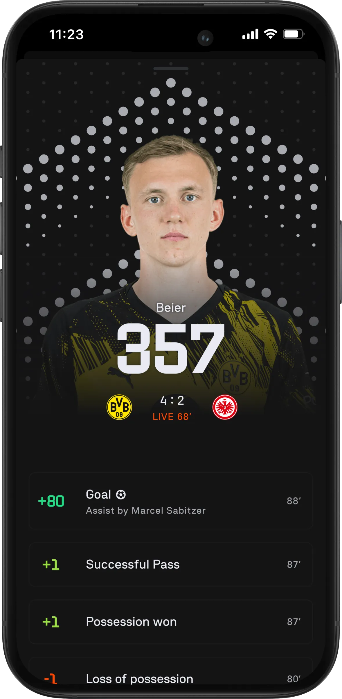 In-app screen showing how a player scores points in real time.