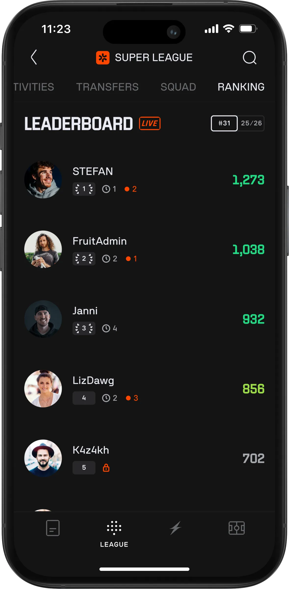In-app screen showing the league table in a Kickbase league.